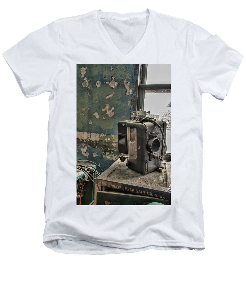 Lansdowne Theater Men's V-Neck T-Shirt featuring the photograph The Abandoned Projector by Kristia Adams