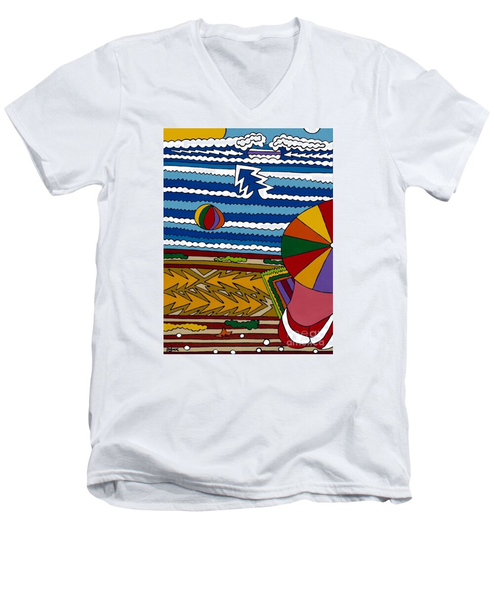 Ocean Men's V-Neck T-Shirt featuring the painting The Beach by Rojax Art