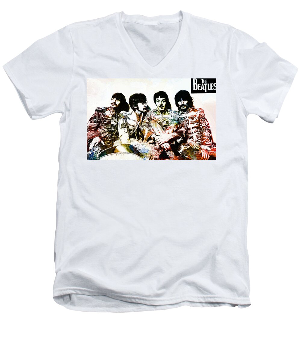 The Beatles Men's V-Neck T-Shirt featuring the drawing The Beatles--Sargent Peppers Lonely Hearts Club Band by Ian Gledhill