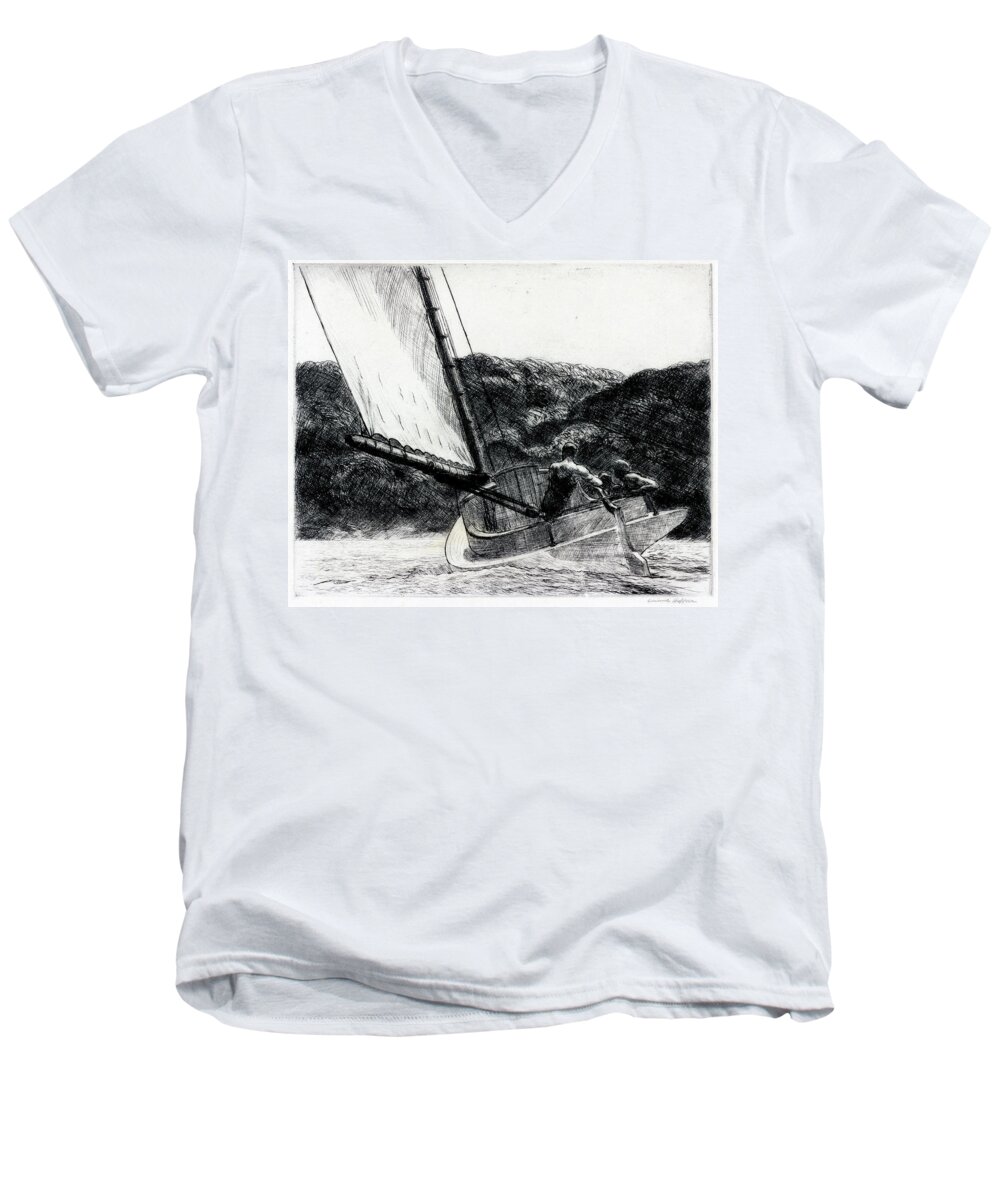 Edward Hopper Men's V-Neck T-Shirt featuring the drawing The Cat Boat by Edward Hopper