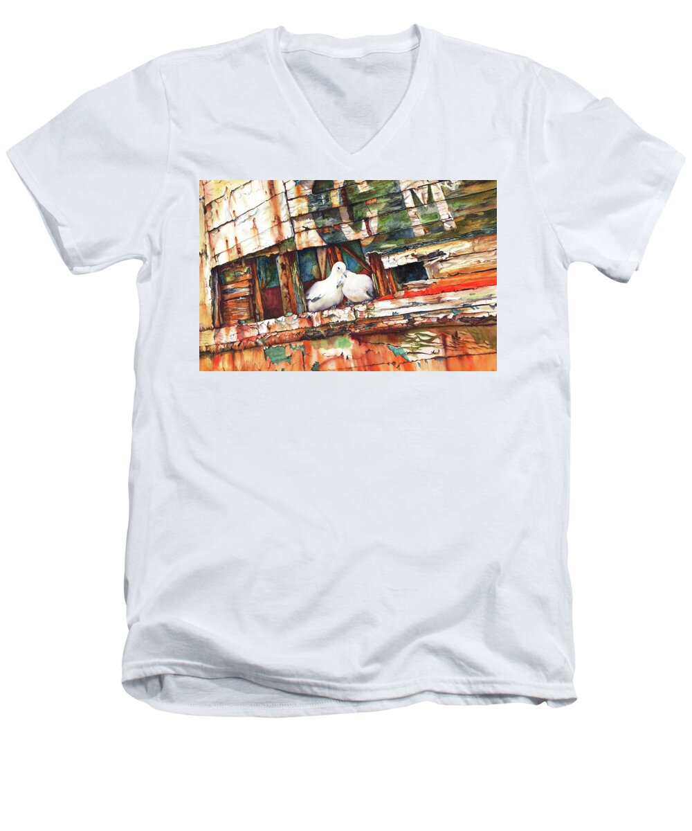 Birds Men's V-Neck T-Shirt featuring the painting The Dove Boat by Peter Williams