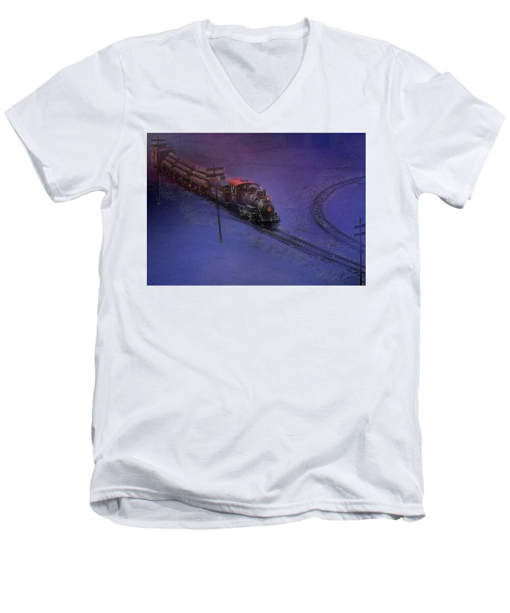 Transportation Men's V-Neck T-Shirt featuring the photograph The Early Train by Ches Black