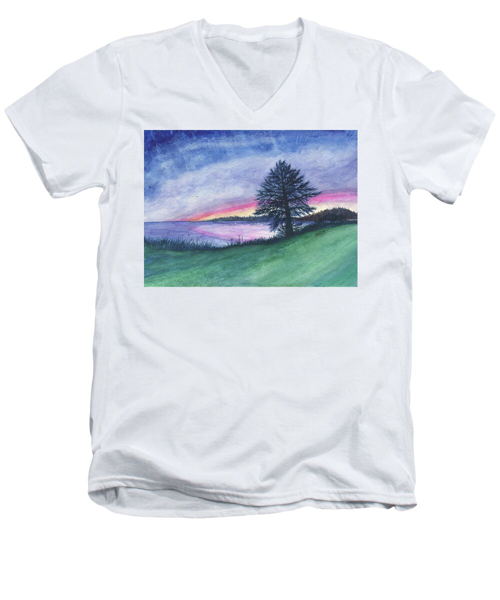 Adria Trail Men's V-Neck T-Shirt featuring the painting The Edge of Evening by Adria Trail