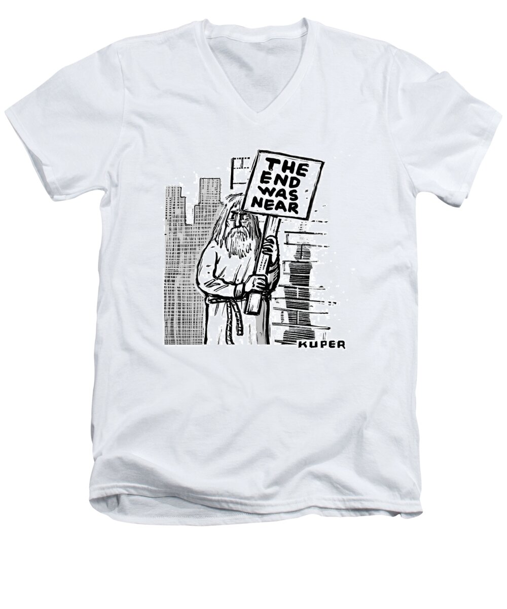 The End Was Near Men's V-Neck T-Shirt featuring the drawing The End Was Near by Peter Kuper