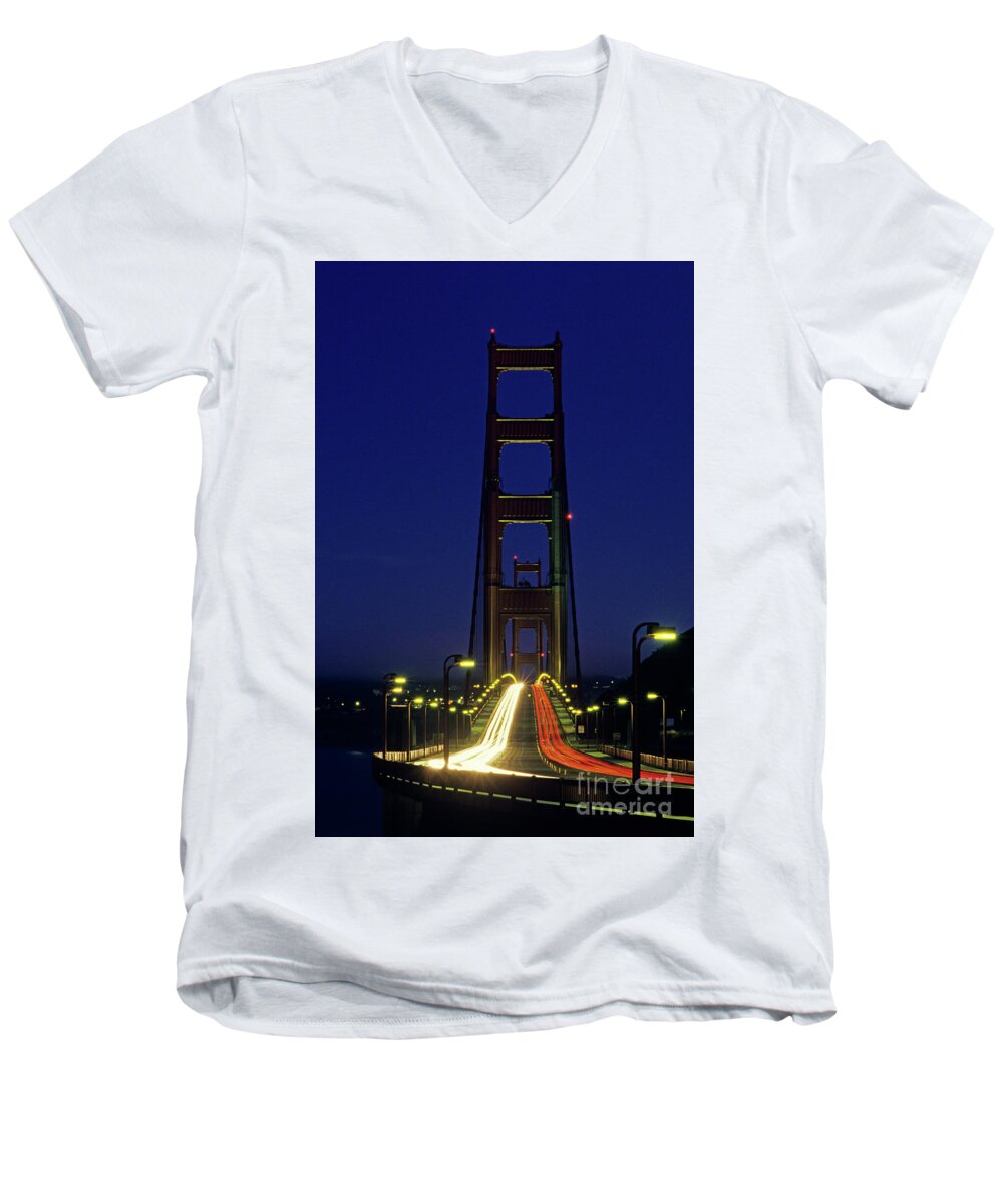 Travel Men's V-Neck T-Shirt featuring the photograph The Golden Gate Bridge Twilight by Jim Corwin