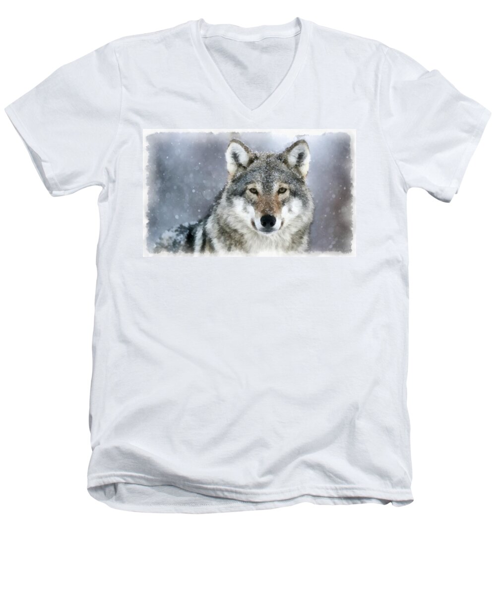 Gray Wolf Men's V-Neck T-Shirt featuring the painting The Grey Wolf by Maciek Froncisz