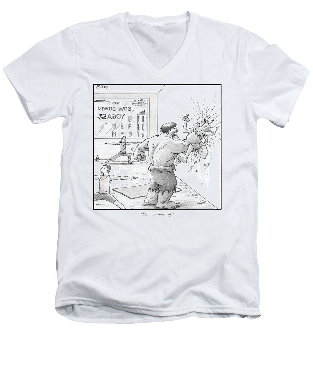 this Is My Inner Self! Men's V-Neck T-Shirt featuring the drawing The Hulk Crushes A Man Against A Wall In A Yoga by Harry Bliss