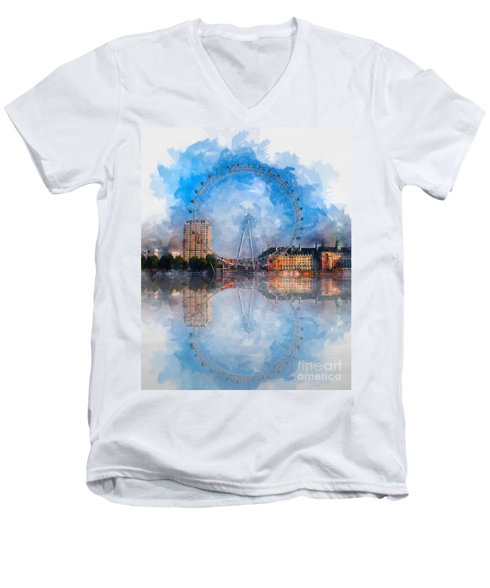 London Men's V-Neck T-Shirt featuring the mixed media The London Eye by Ian Mitchell