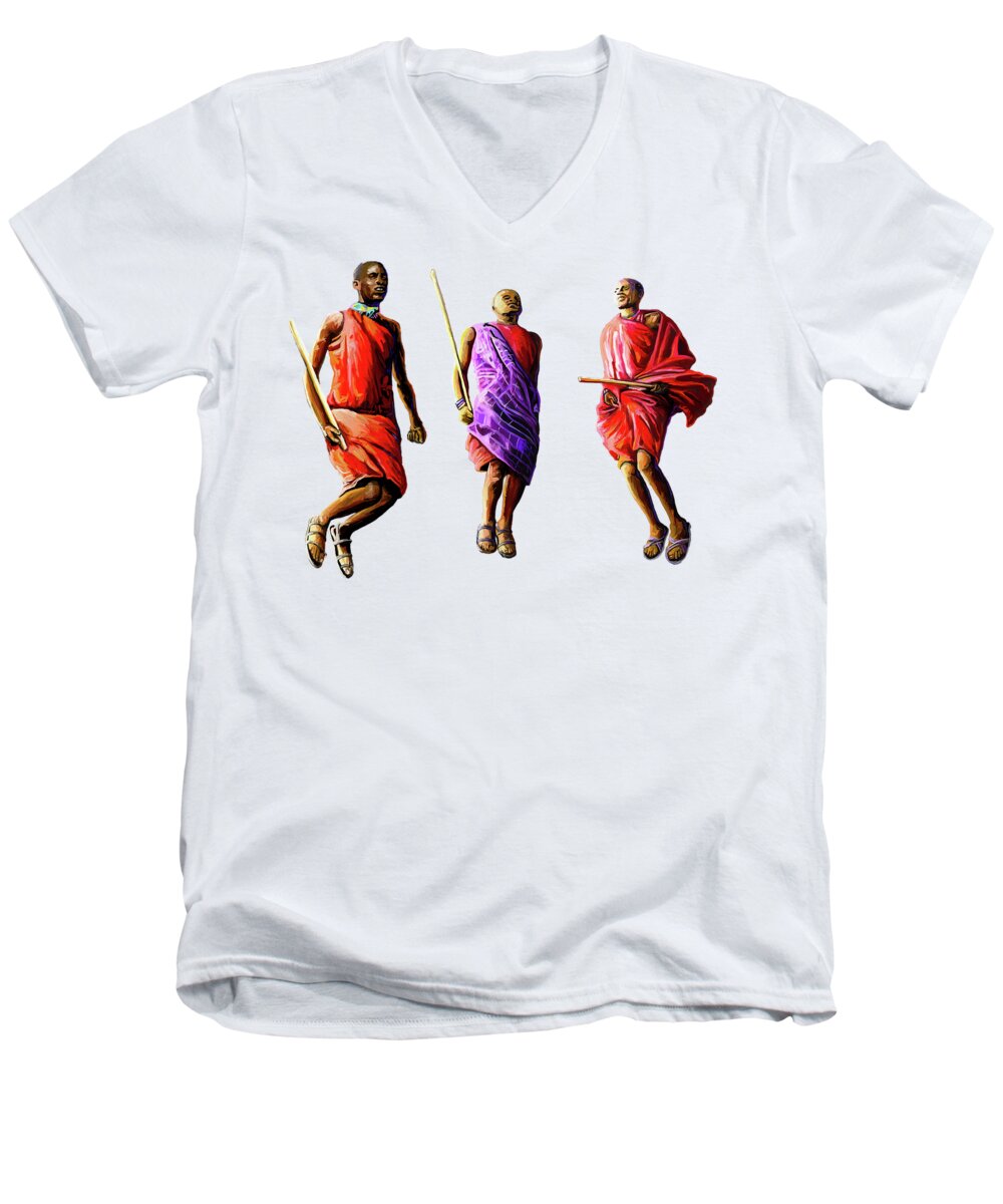 Africa Men's V-Neck T-Shirt featuring the painting The Maasai Jump by Anthony Mwangi