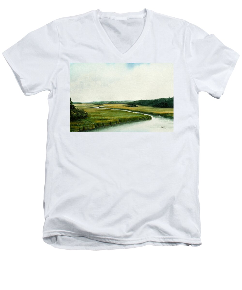 Norwell Men's V-Neck T-Shirt featuring the painting The North River by Paul Gaj