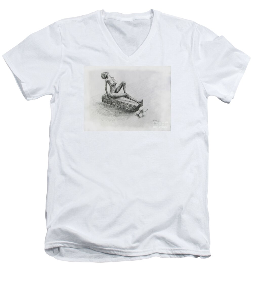 Nude Men's V-Neck T-Shirt featuring the drawing The Nude Sculpture by Sukalya Chearanantana