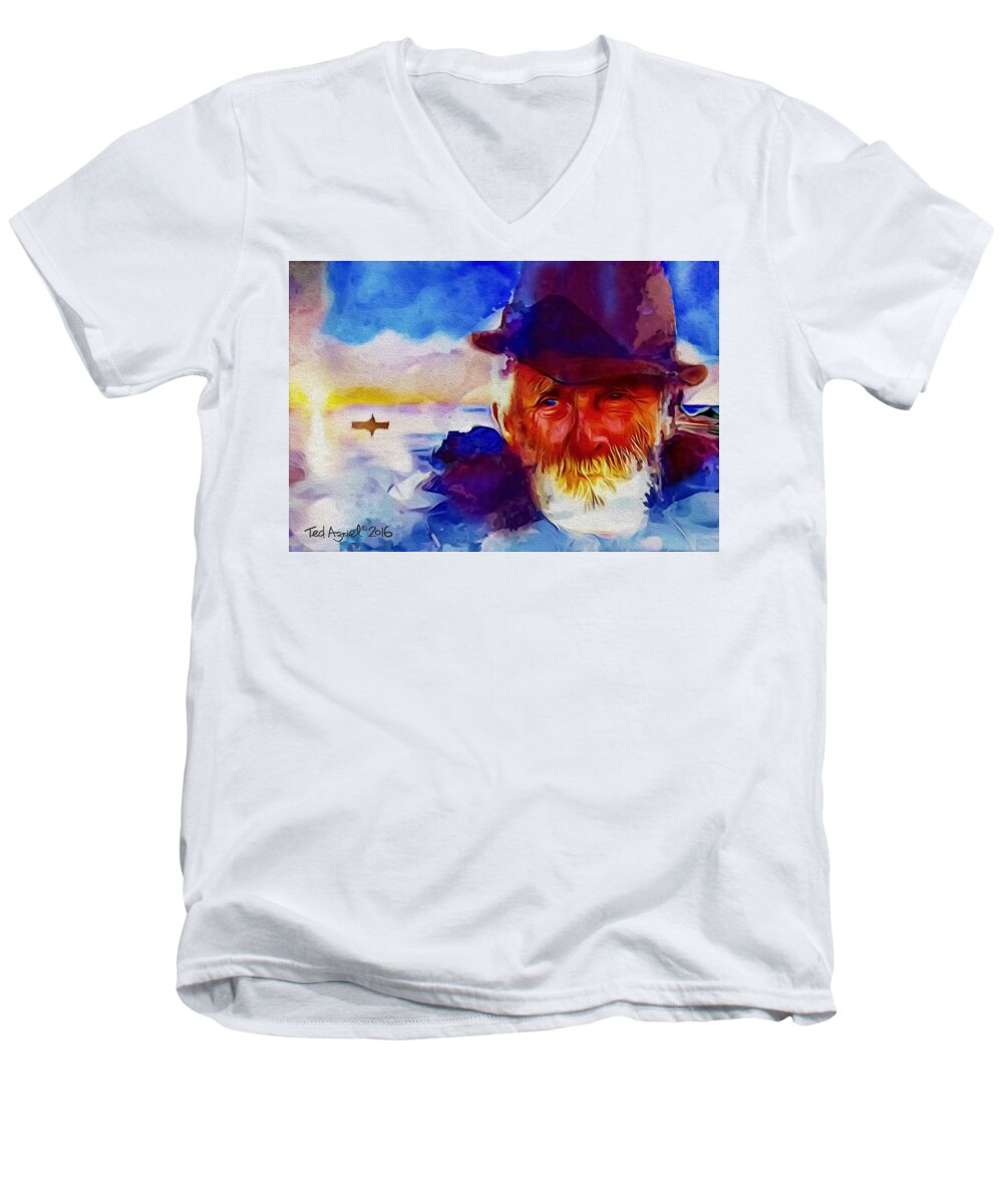 Painting Men's V-Neck T-Shirt featuring the painting The Old Man And The Sea by Ted Azriel