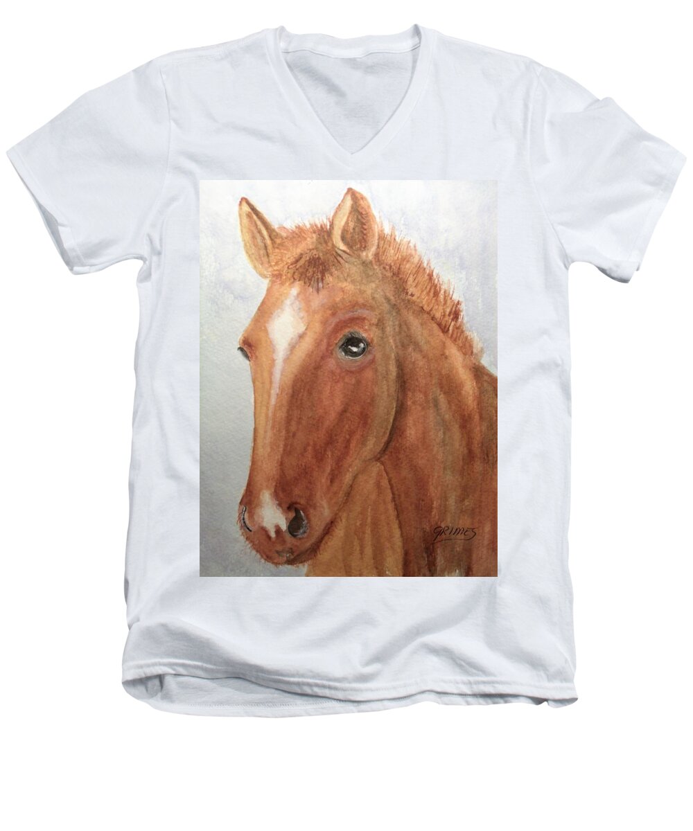 Horse Men's V-Neck T-Shirt featuring the painting The Red Pony by Carol Grimes