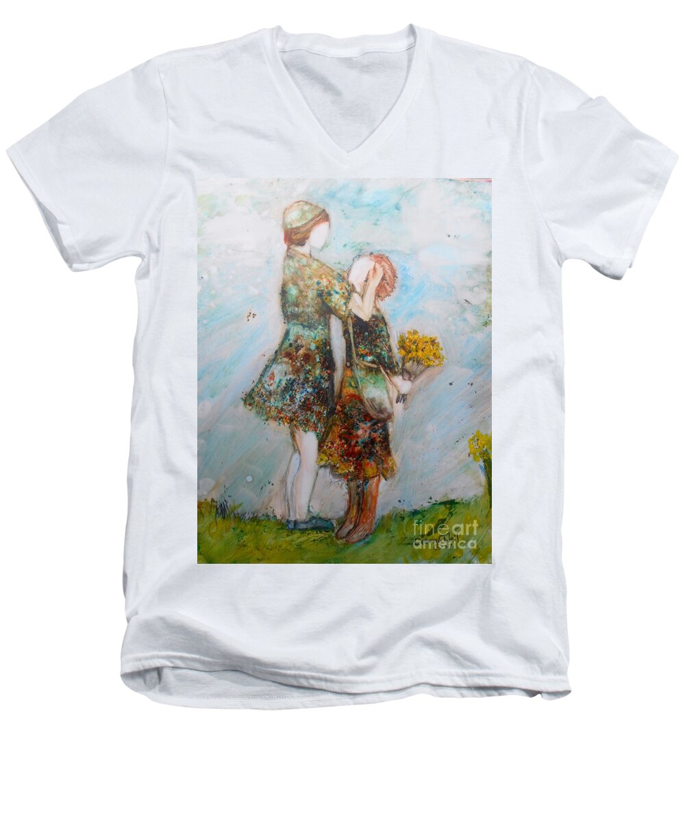 Mother And Daughter Men's V-Neck T-Shirt featuring the painting The Surprise by Deborah Nell