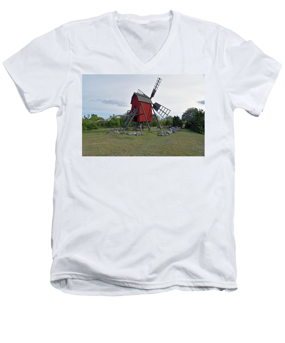 Sweden Men's V-Neck T-Shirt featuring the pyrography The windmill by Magnus Haellquist