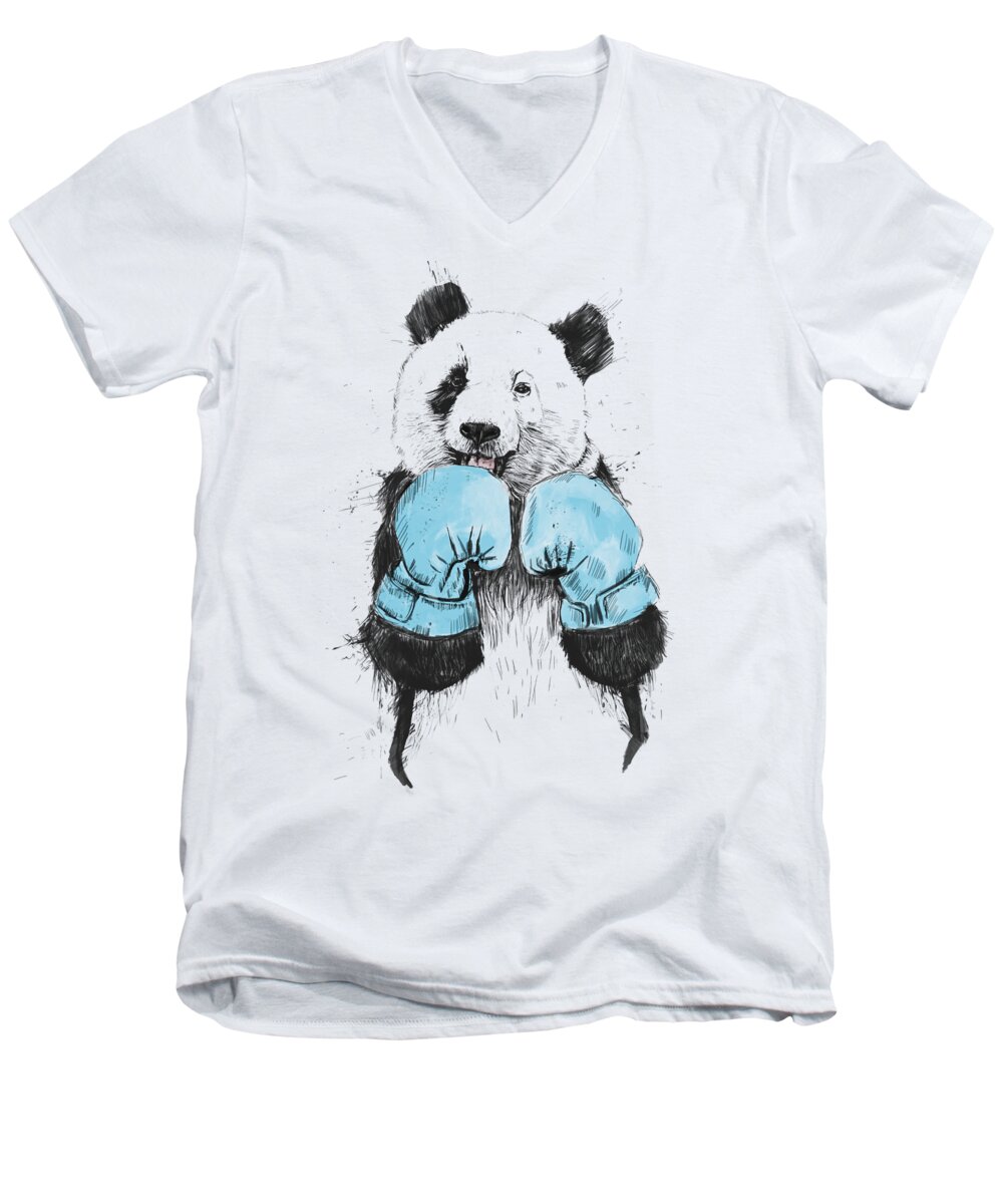 Panda Men's V-Neck T-Shirt featuring the drawing The Winner by Balazs Solti