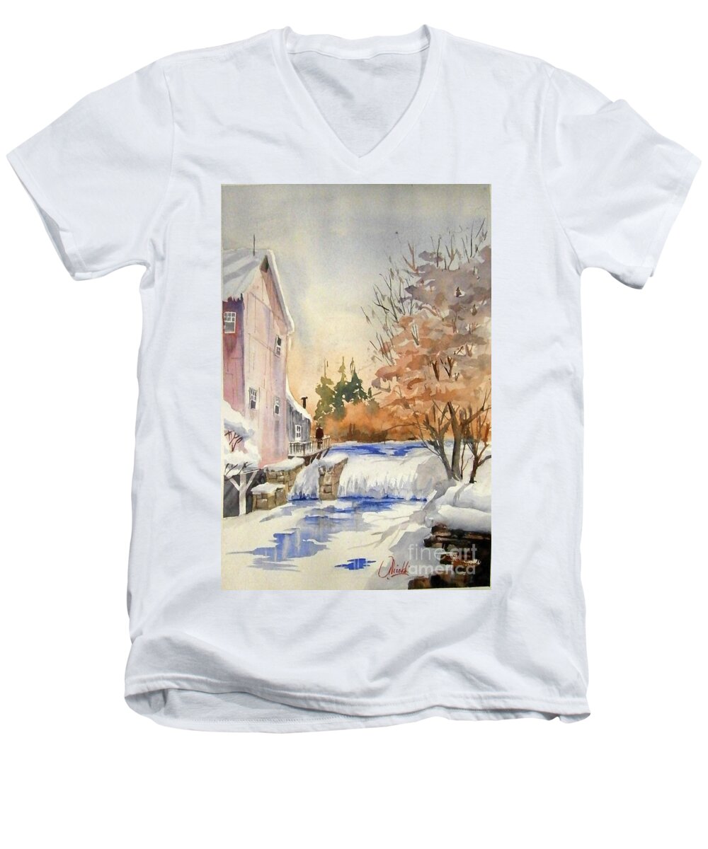 11x14 Painting Men's V-Neck T-Shirt featuring the painting The Winter Mill by Gerald Miraldi