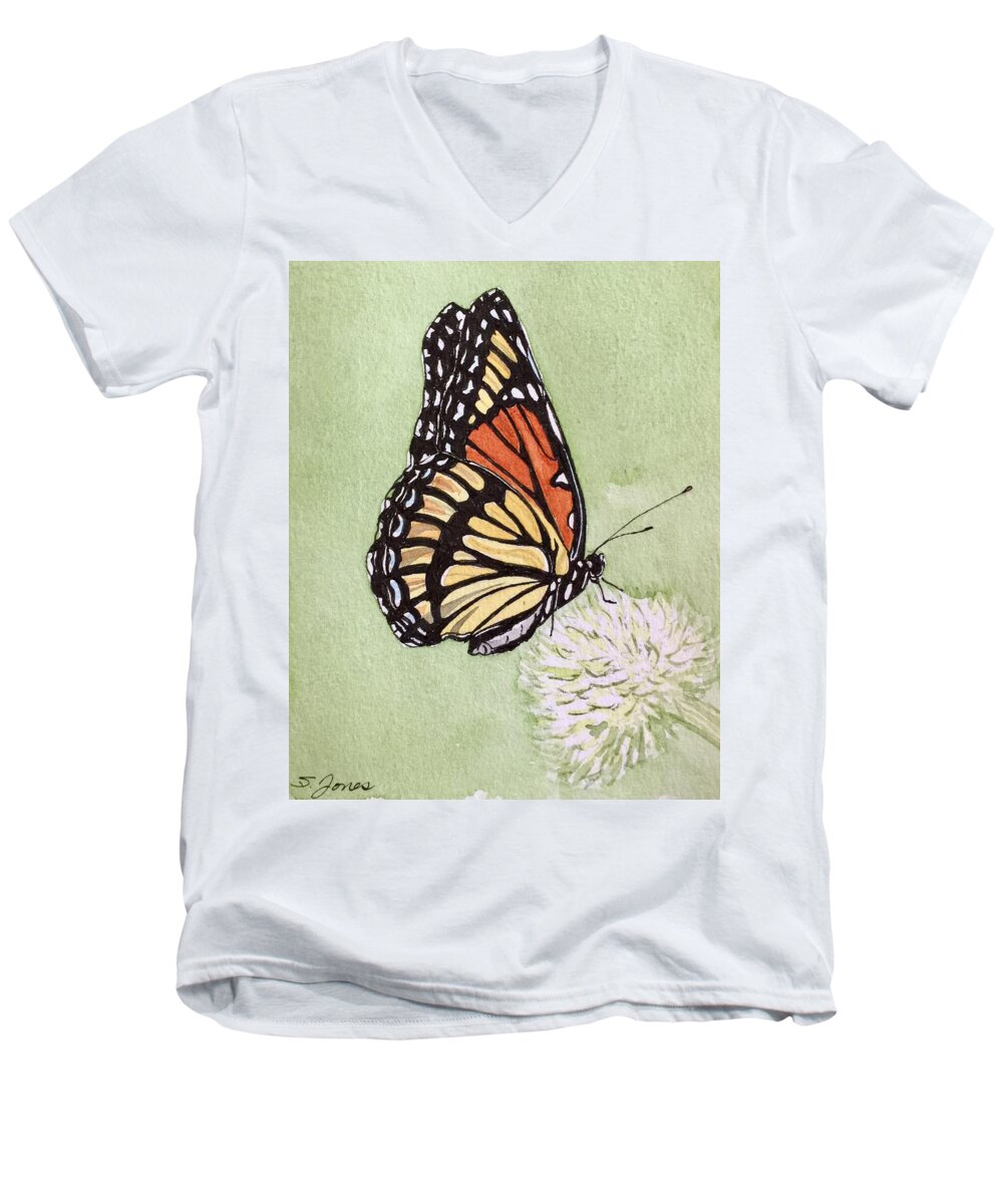 Monarch Men's V-Neck T-Shirt featuring the mixed media Thistle Do by Sonja Jones