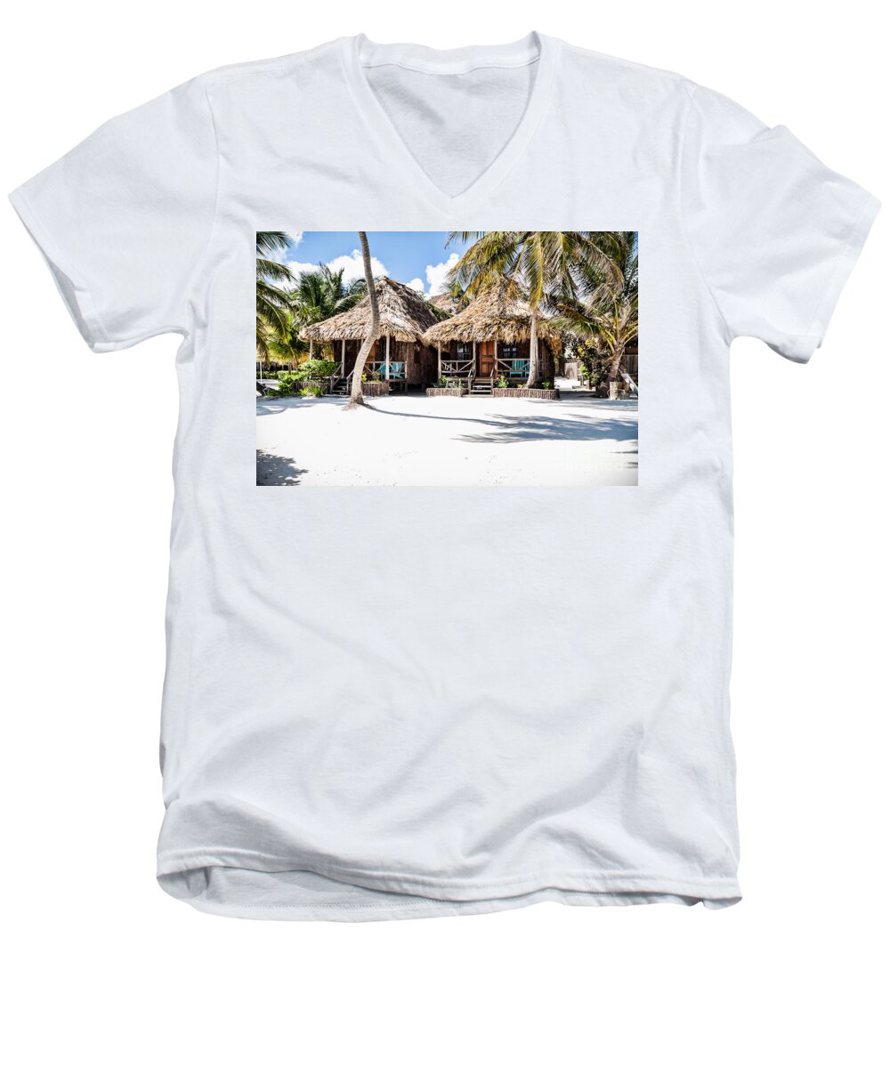 Ambergris Caye Men's V-Neck T-Shirt featuring the photograph Tiki Huts by Lawrence Burry