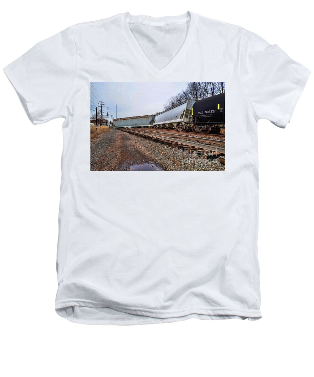 Paul Ward Men's V-Neck T-Shirt featuring the photograph Train Derailed by Paul Ward
