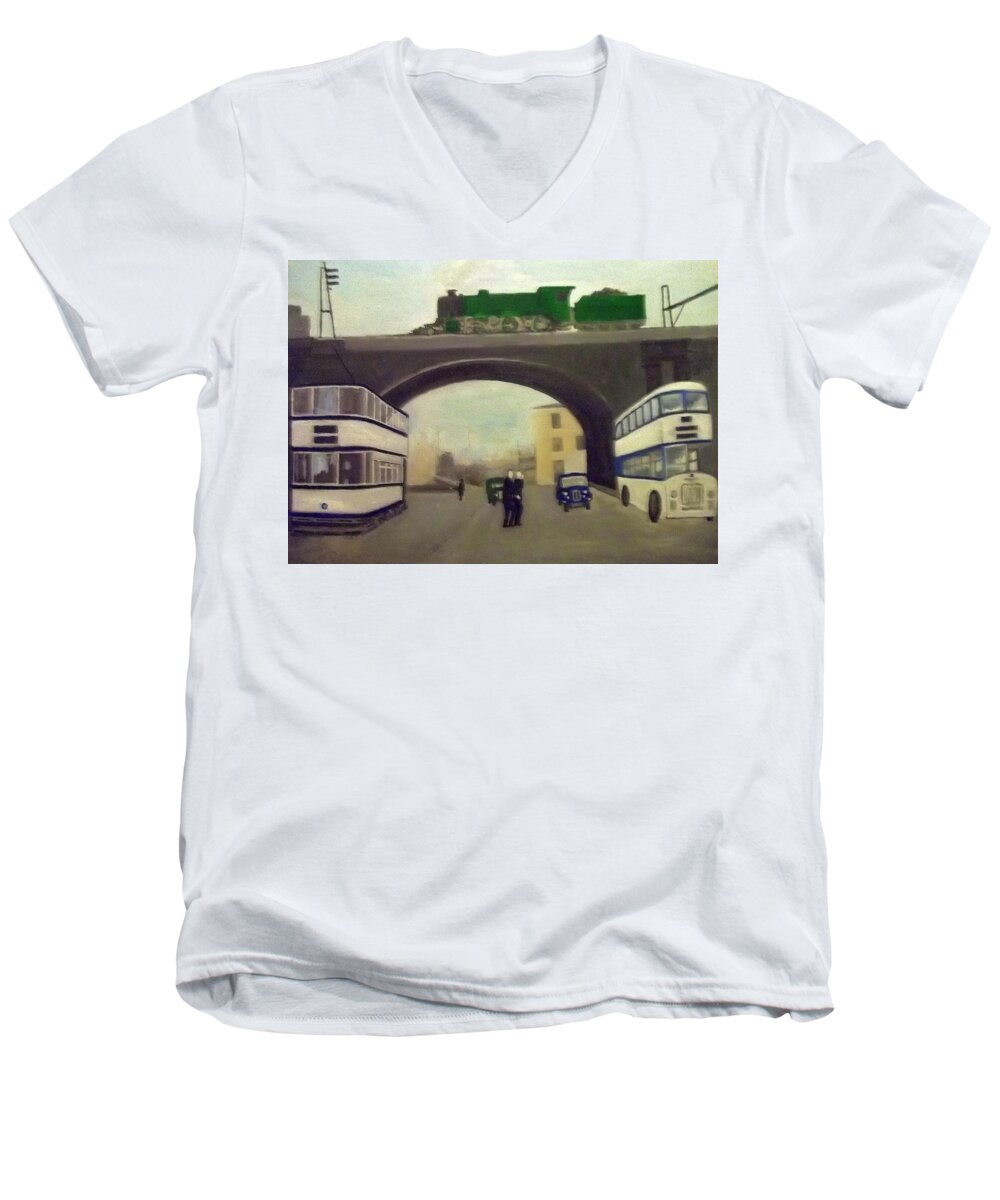 Green Locomotive And Tender Men's V-Neck T-Shirt featuring the painting 1950s Tram, Locomotive, Bus And Cars In Sheffield by Peter Gartner