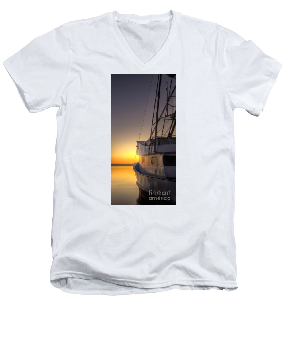 Fishing Boat Men's V-Neck T-Shirt featuring the photograph Tranquility on the Bay by Mathias 