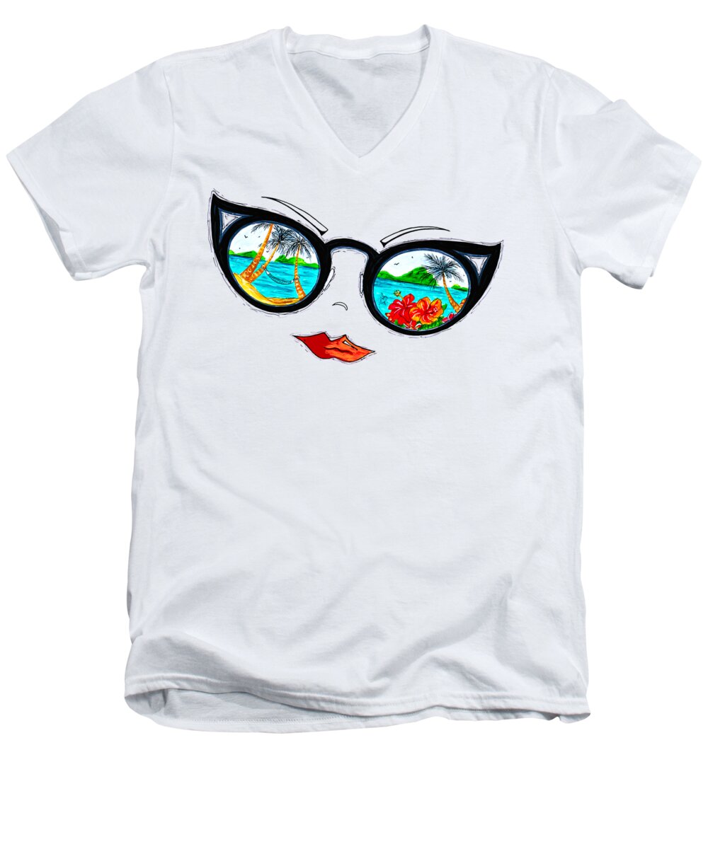 Tropical Men's V-Neck T-Shirt featuring the painting Tropical Cat Eyes Sunglass Reflection Aroon Melane 2015 Collection by MADART by Megan Aroon