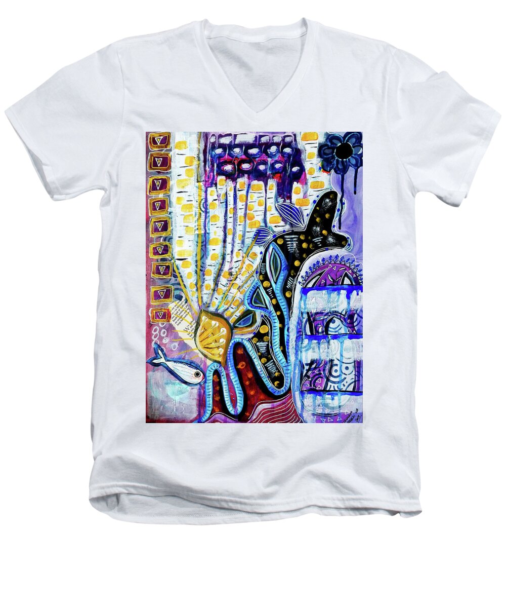 Tropical Men's V-Neck T-Shirt featuring the mixed media Tropical Waters by Mimulux Patricia No