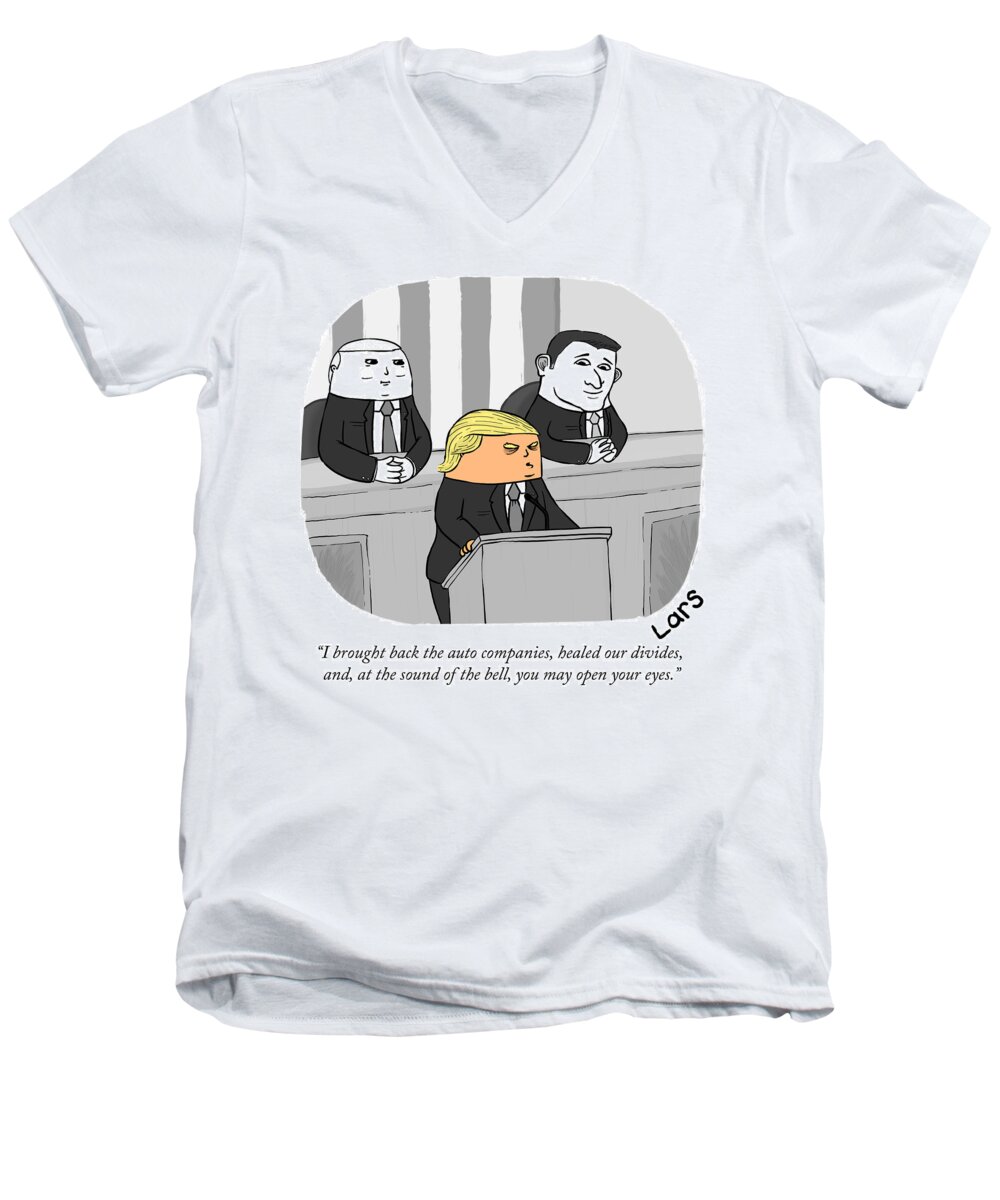 i Brought Back The Auto Companies Men's V-Neck T-Shirt featuring the drawing Trump State of the Union by Lars Kenseth