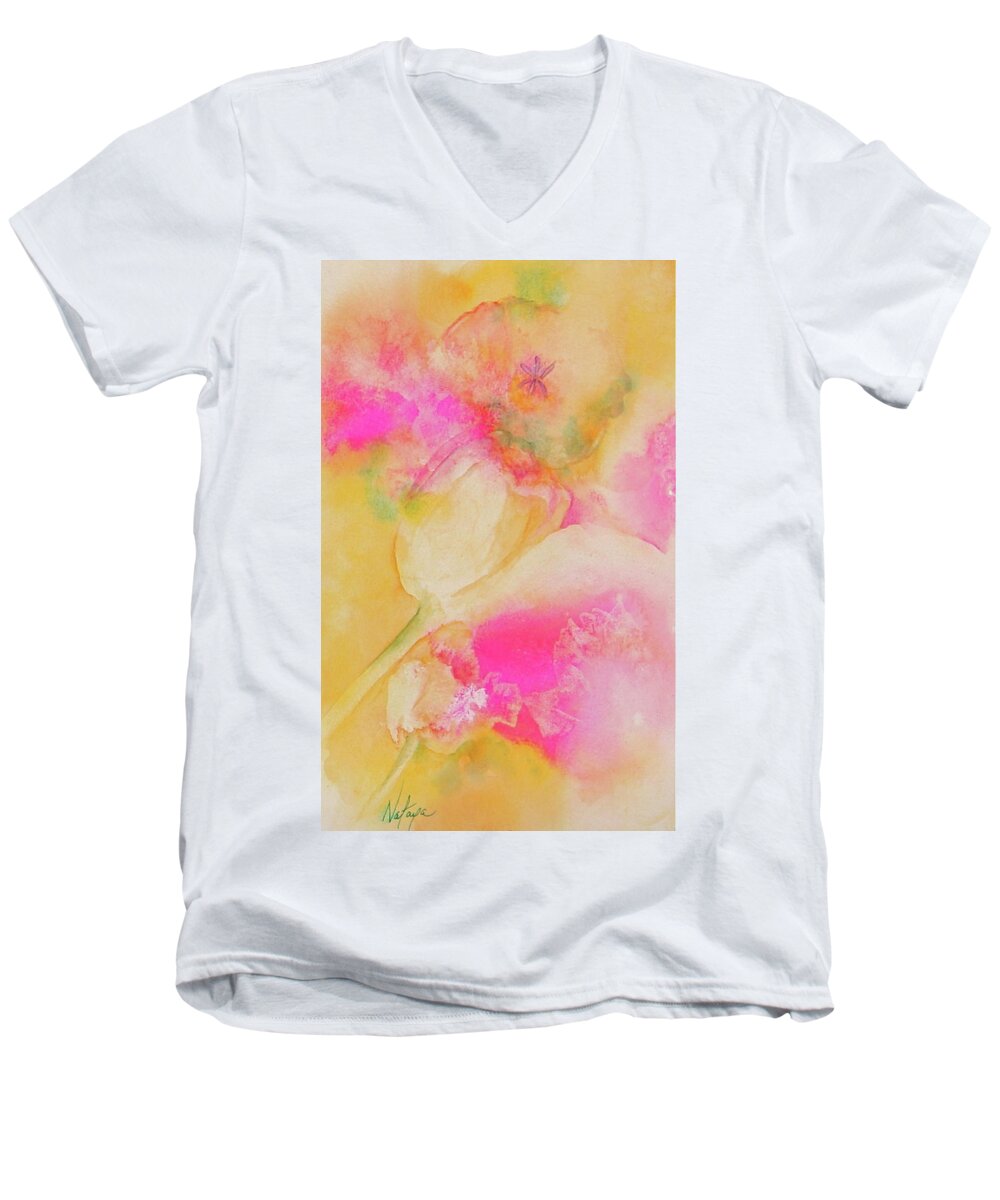 Tulips Men's V-Neck T-Shirt featuring the painting Tulip Fantasia by Nataya Crow