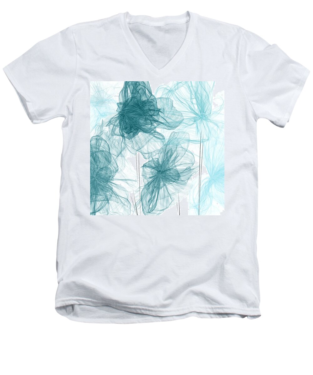 Blue Men's V-Neck T-Shirt featuring the painting Turquoise In Sync by Lourry Legarde