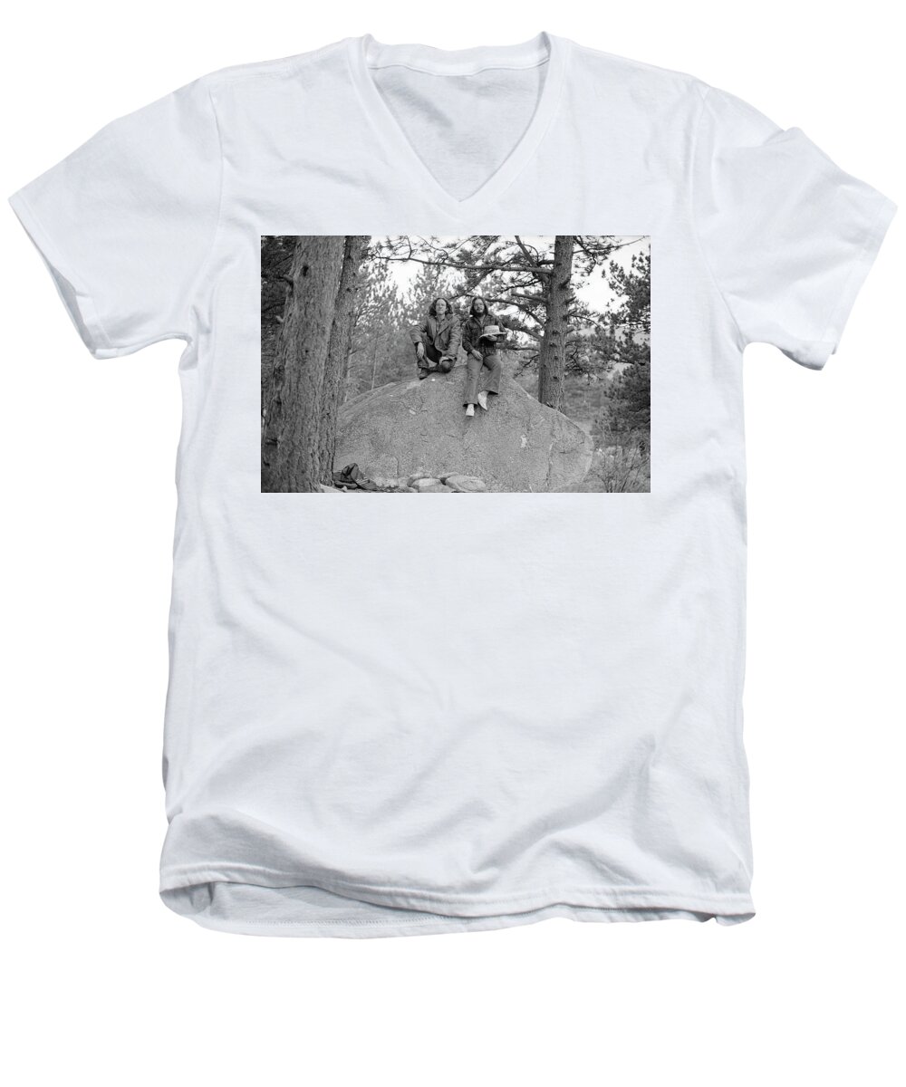 American West Men's V-Neck T-Shirt featuring the photograph Two Men on a Boulder in the American West, 1972 by Jeremy Butler