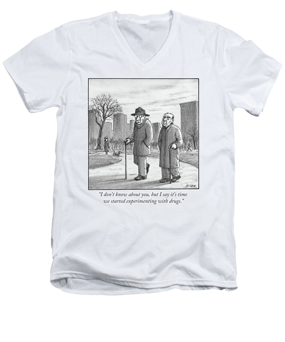 Cane Men's V-Neck T-Shirt featuring the drawing Two older men walk with canes through a park. by Harry Bliss