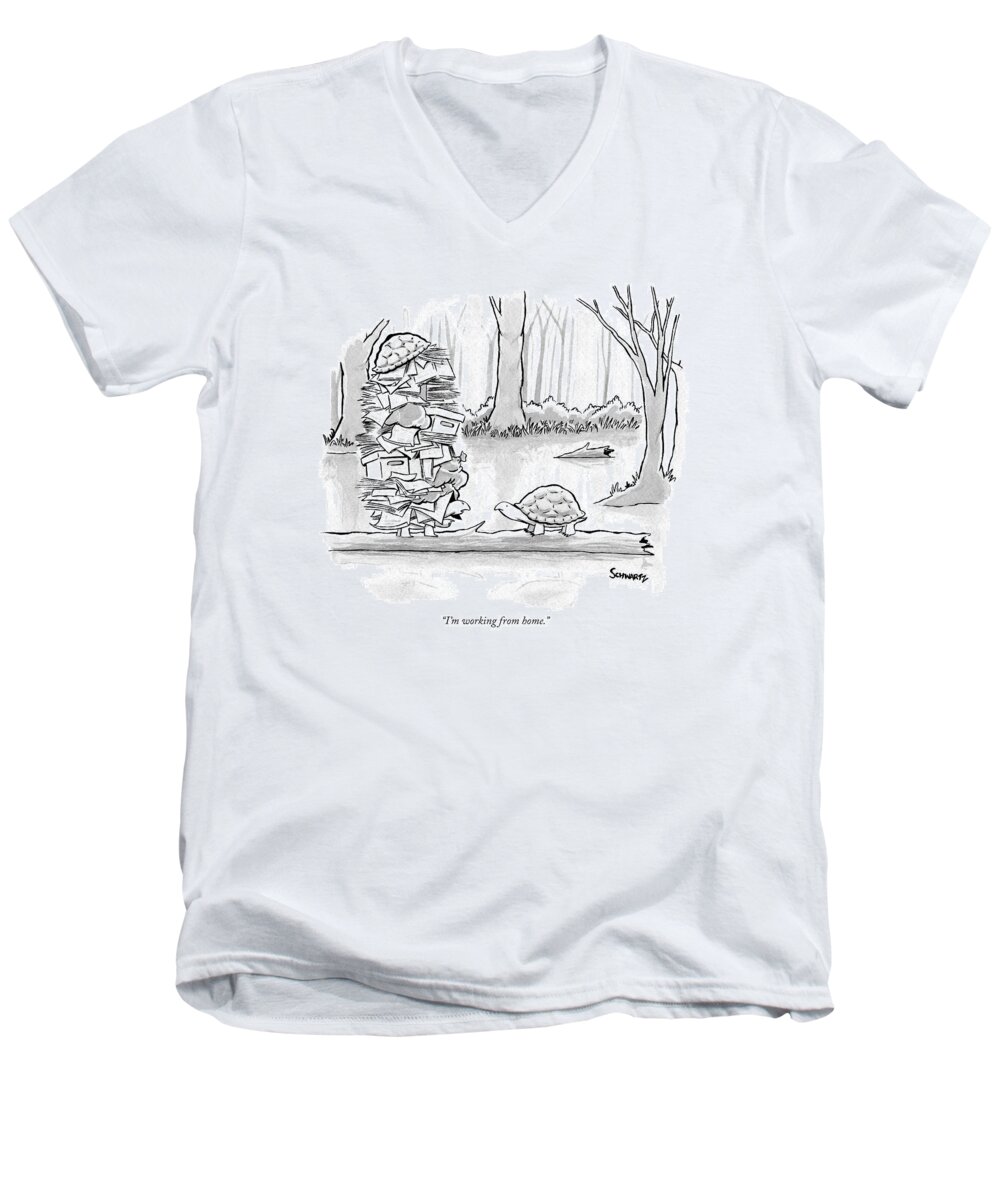 Cctk Men's V-Neck T-Shirt featuring the drawing Two Tortoises Speak. One Has A Large Number by Benjamin Schwartz