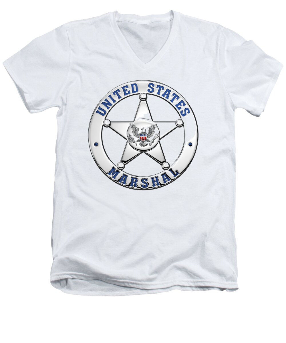 'law Enforcement Insignia & Heraldry' Collection By Serge Averbukh Men's V-Neck T-Shirt featuring the digital art U. S. Marshals Service - U S M S Badge over White Leather by Serge Averbukh