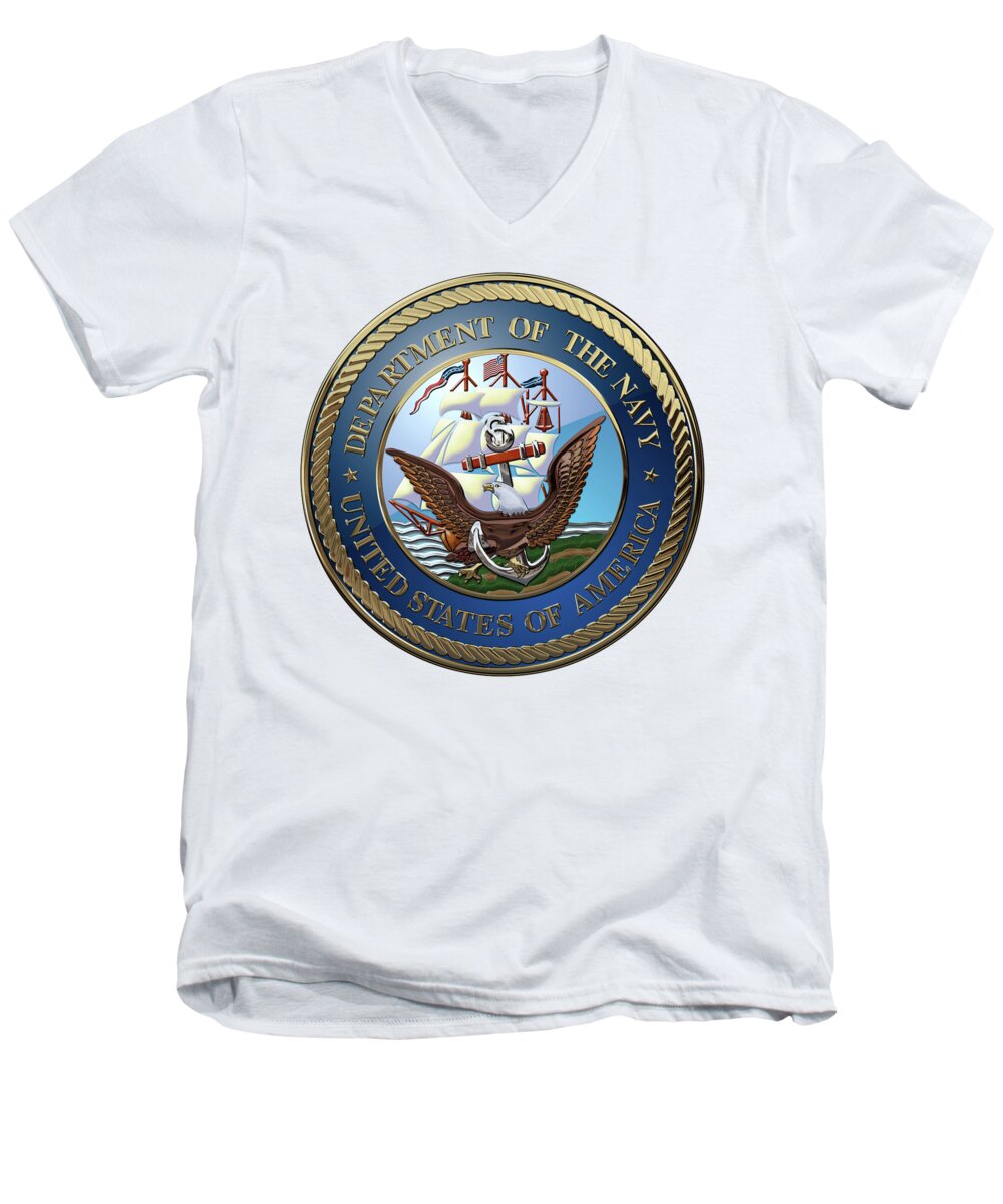 'military Insignia & Heraldry 3d' Collection By Serge Averbukh Men's V-Neck T-Shirt featuring the digital art U. S. Navy - U S N Emblem over White Leather by Serge Averbukh
