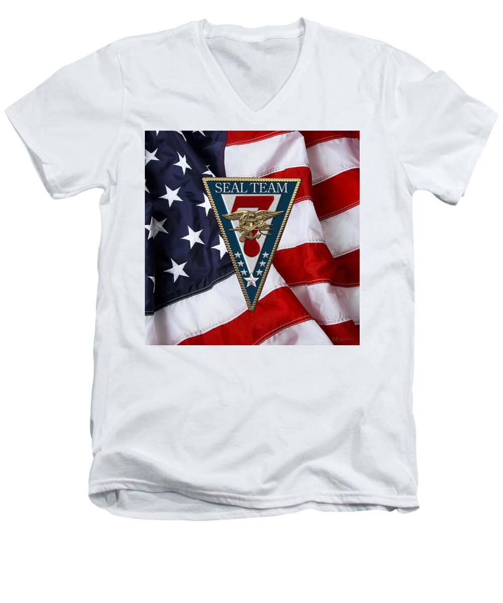 'military Insignia & Heraldry - Nswc' Collection By Serge Averbukh Men's V-Neck T-Shirt featuring the digital art U. S. Navy S E A Ls - S E A L Team Seven - S T 7 Patch over U. S. Flag by Serge Averbukh