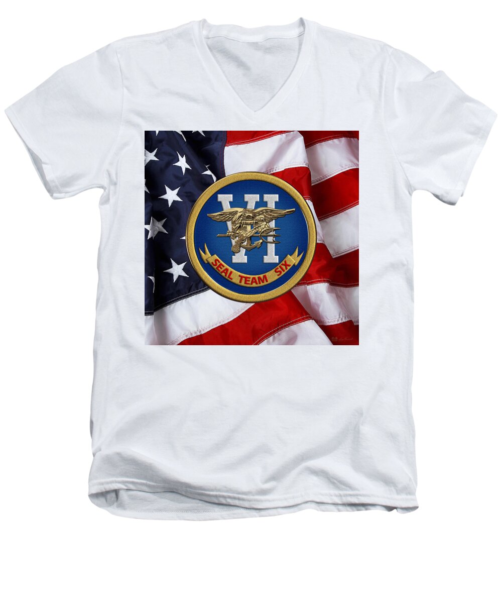 'military Insignia & Heraldry - Nswc' Collection By Serge Averbukh Men's V-Neck T-Shirt featuring the digital art U. S. Navy S E A Ls - S E A L Team Six - S T 6 Patch over U. S. Flag by Serge Averbukh