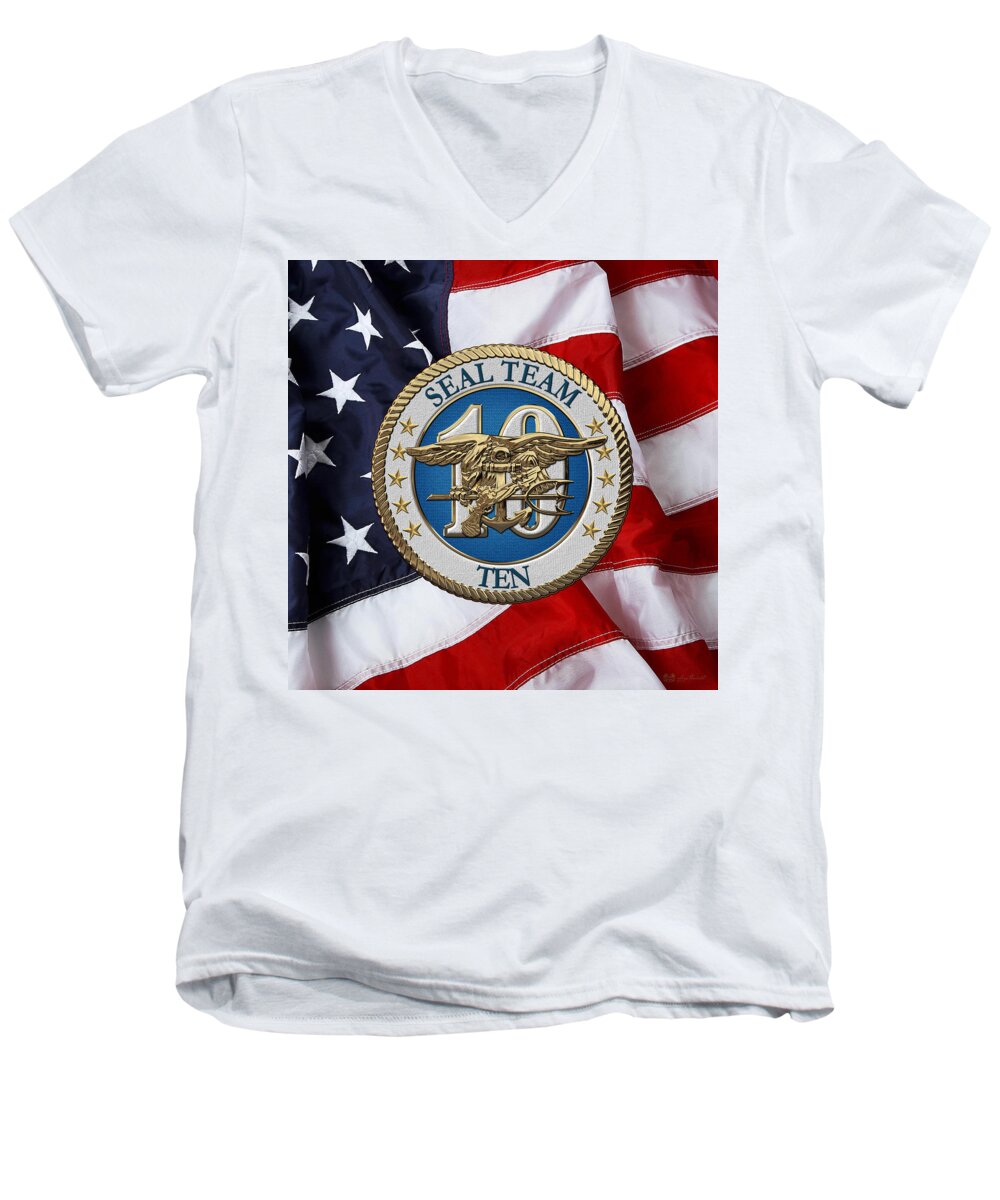 'military Insignia & Heraldry - Nswc' Collection By Serge Averbukh Men's V-Neck T-Shirt featuring the digital art U. S. Navy S E A Ls - S E A L Team Ten - S T 10 Patch over U. S. Flag by Serge Averbukh