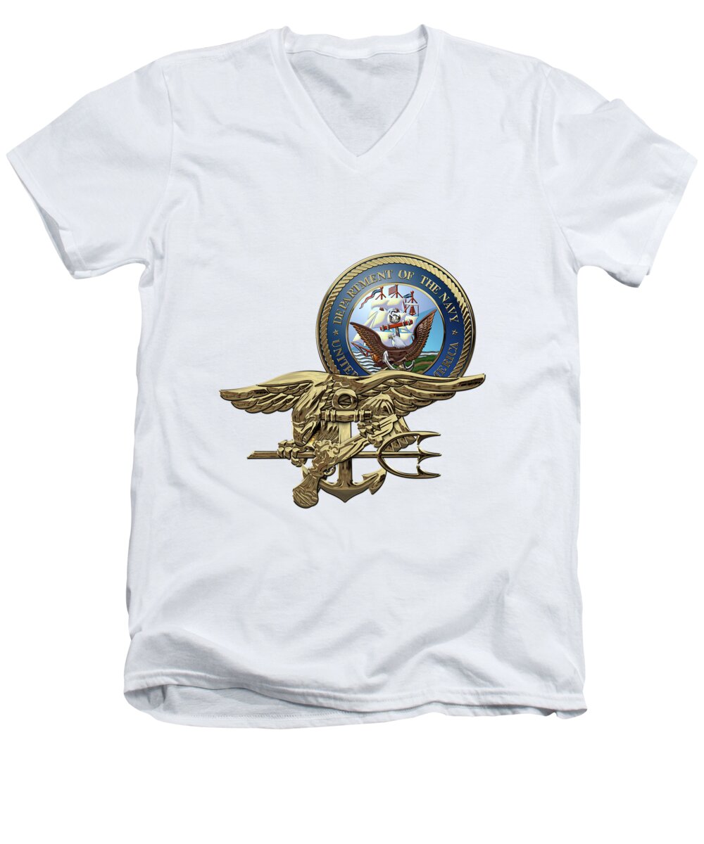 'military Insignia & Heraldry 3d' Collection By Serge Averbukh Men's V-Neck T-Shirt featuring the digital art U. S. Navy S E A Ls Trident over White Leather by Serge Averbukh