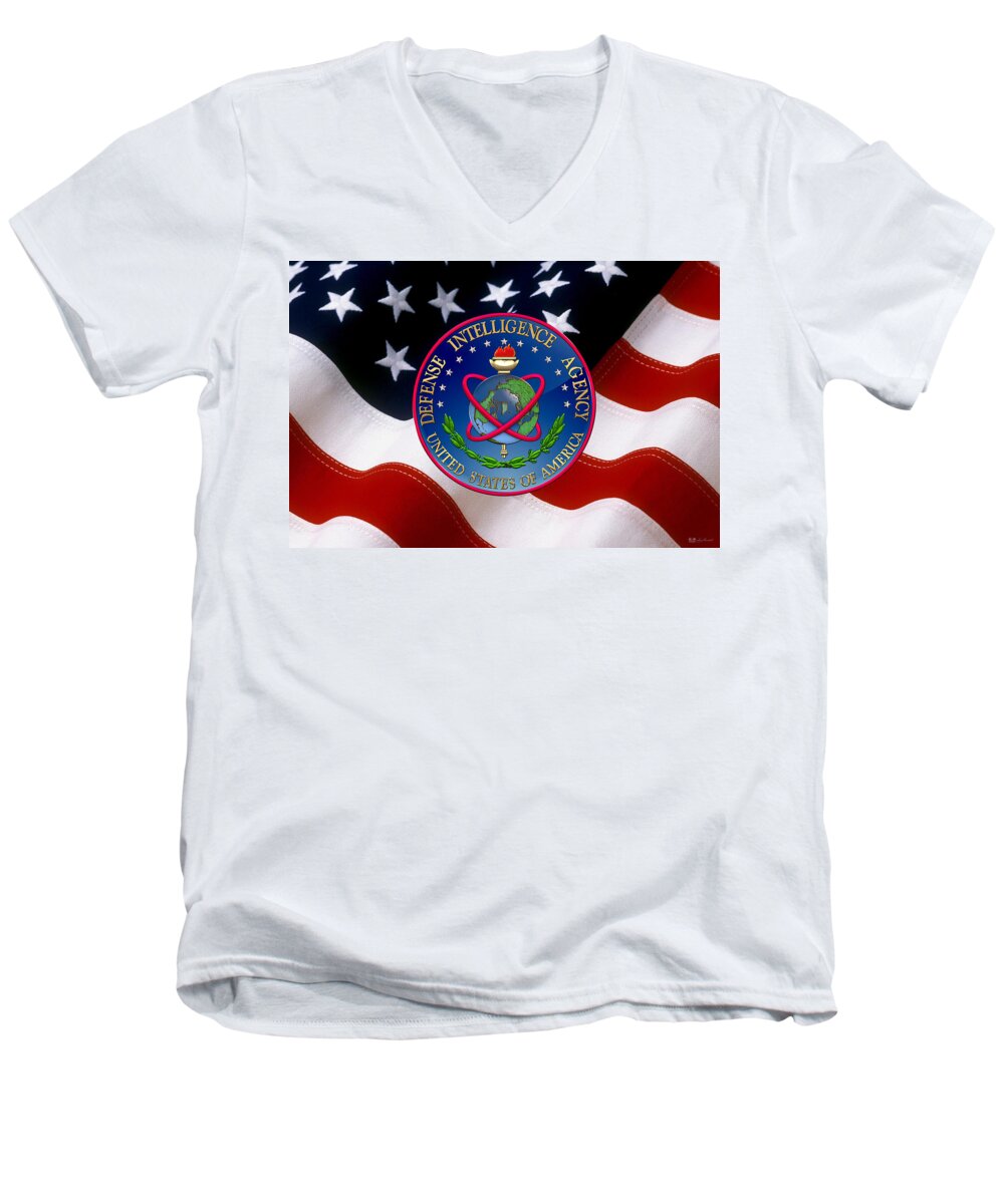 'military Insignia & Heraldry 3d' Collection By Serge Averbukh Men's V-Neck T-Shirt featuring the digital art U. S. Defense Intelligence Agency - D I A Emblem over Flag by Serge Averbukh