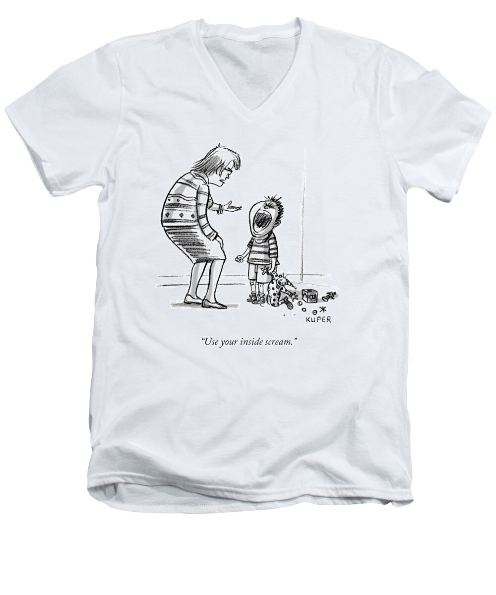 use Your Inside Scream. Motherhood Men's V-Neck T-Shirt featuring the drawing Use your inside scream by Peter Kuper