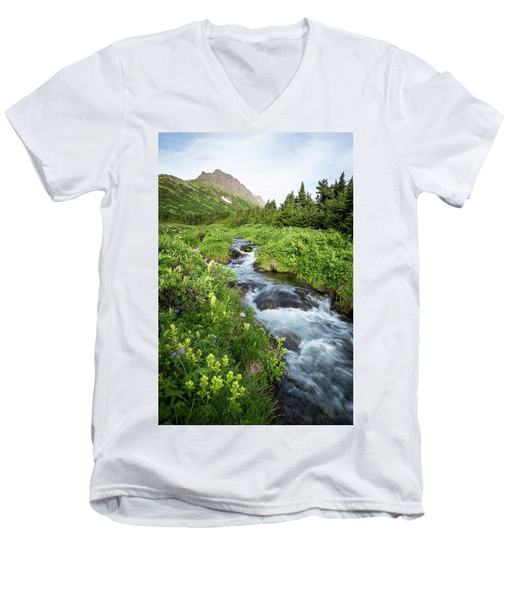 Alaska Men's V-Neck T-Shirt featuring the photograph Verdant Mountain Stream by Tim Newton