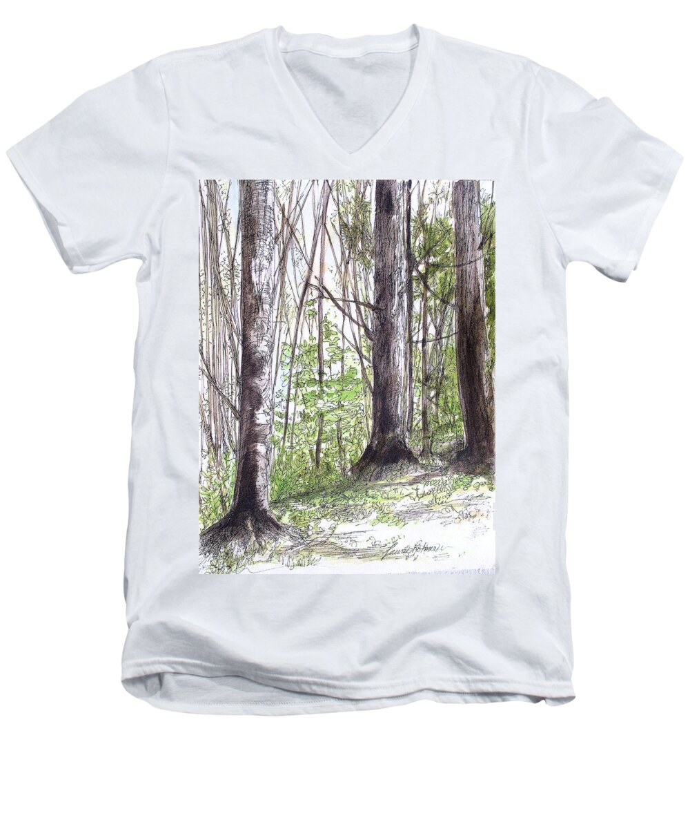 Woods Men's V-Neck T-Shirt featuring the painting Vermont Woods by Laurie Rohner