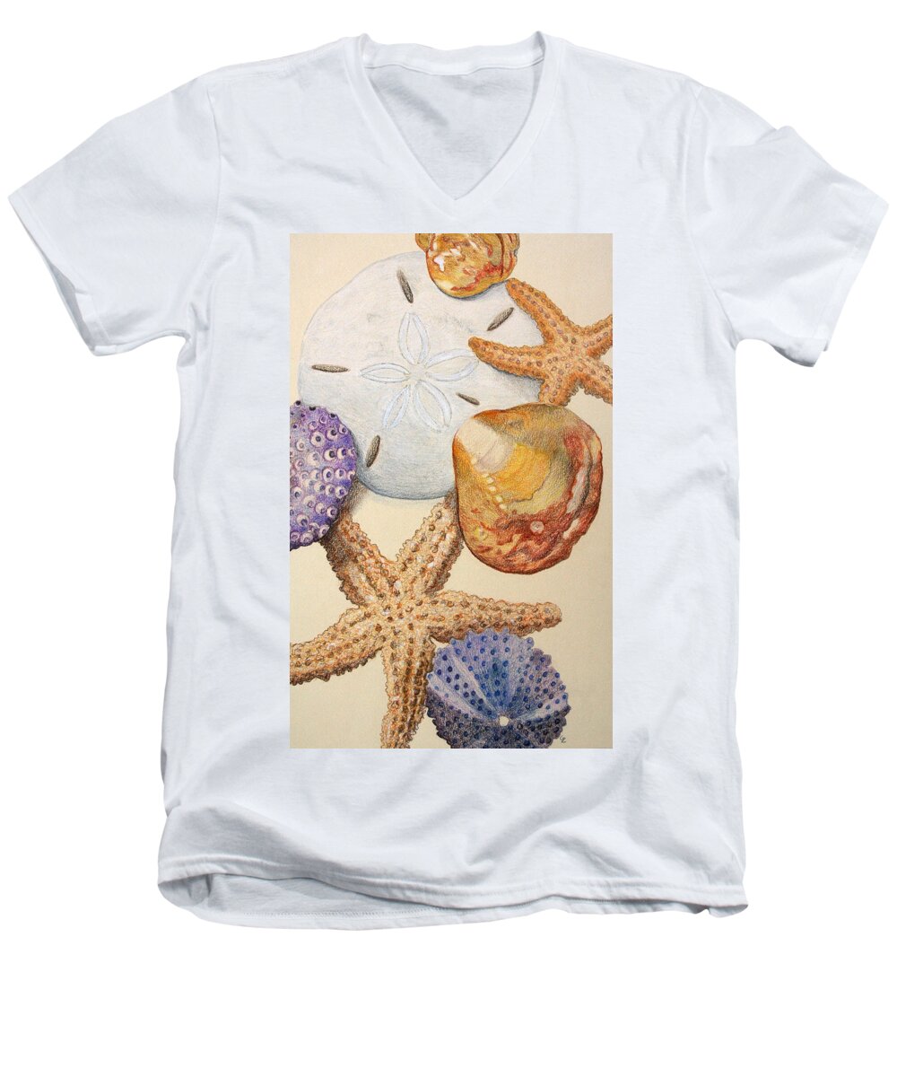Shells Men's V-Neck T-Shirt featuring the drawing Vertical Starfish by Glenda Zuckerman