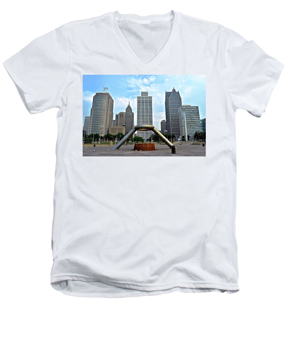 Detroit Men's V-Neck T-Shirt featuring the photograph View from Hart Plaza 2016 by Frozen in Time Fine Art Photography