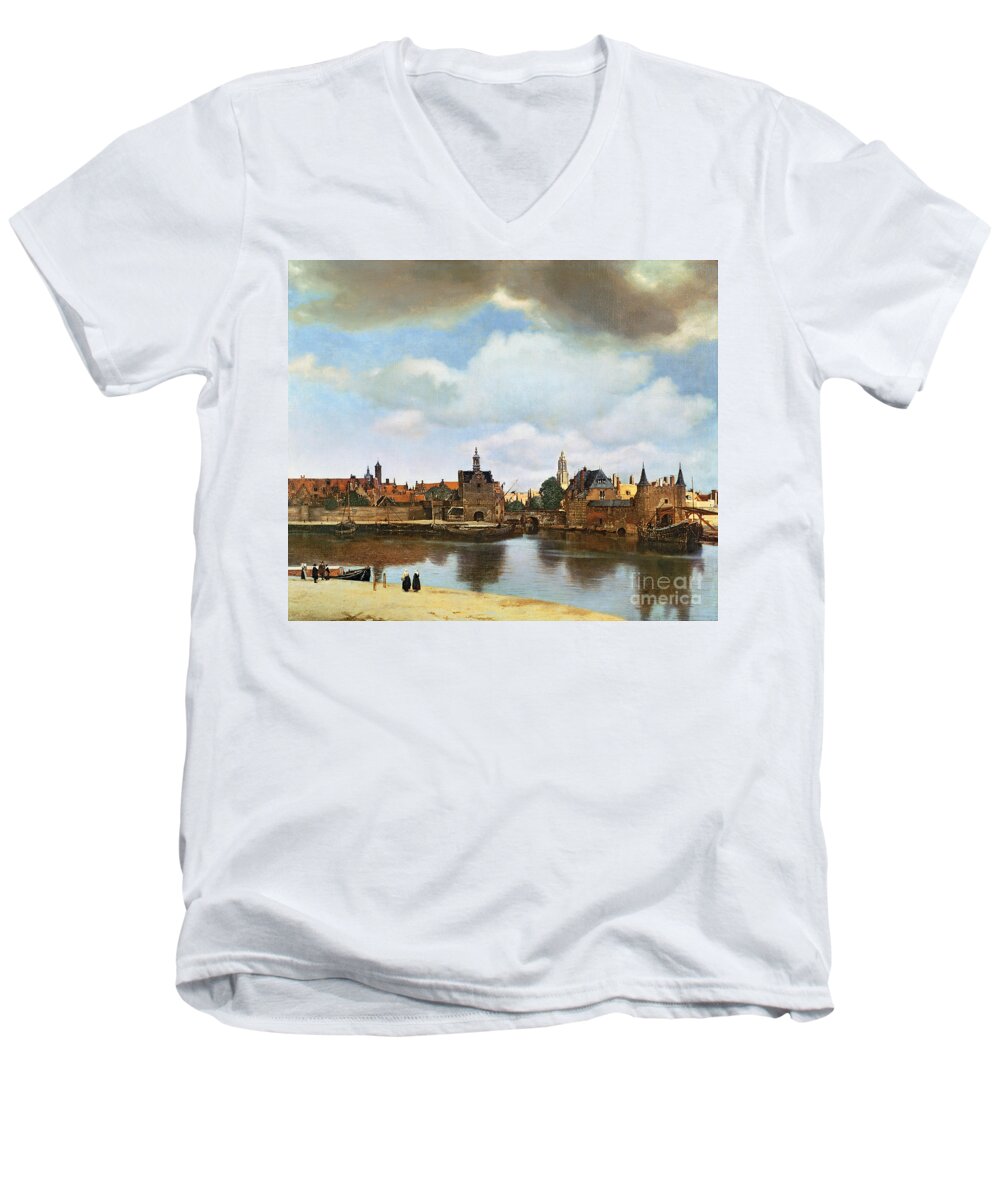 View Of Delft By Jan Vermeer Men's V-Neck T-Shirt featuring the painting View of Delft by Jan Vermeer