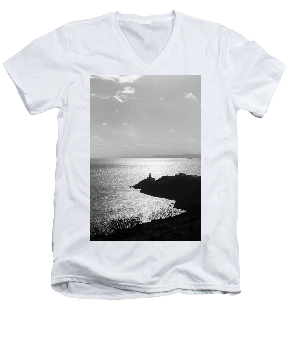 Baily Lighthouse Men's V-Neck T-Shirt featuring the photograph View of Howth Head with the Baily Lighthouse in black and white by Semmick Photo