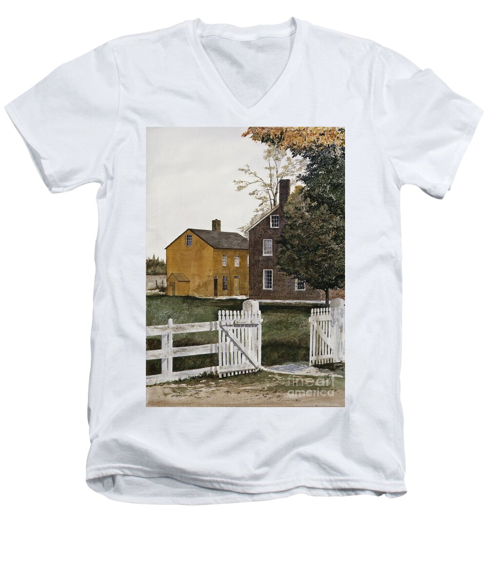 An Open Gate Beckons Come In On The Grounds Of The Pleasant Hill Shaker Village In Kentucky. Two Of The Shaker Buildings Are In The Background. Men's V-Neck T-Shirt featuring the painting Village Gate by Monte Toon