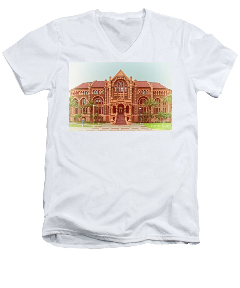 Ashbel Smith Men's V-Neck T-Shirt featuring the photograph Vintage Architectural Photograph of Ashbel Smith Old Red Building at UTMB - Downtown Galveston Texas by Silvio Ligutti